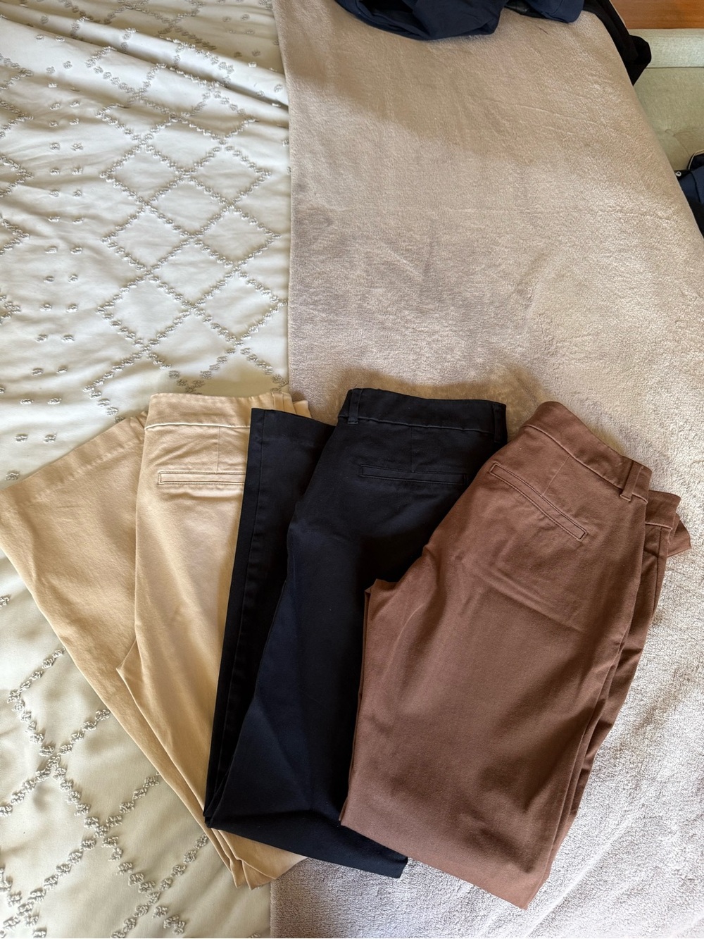 Old Navy Women’s High Rise Pixie Flare pants Set in Black, Tan, and Brown